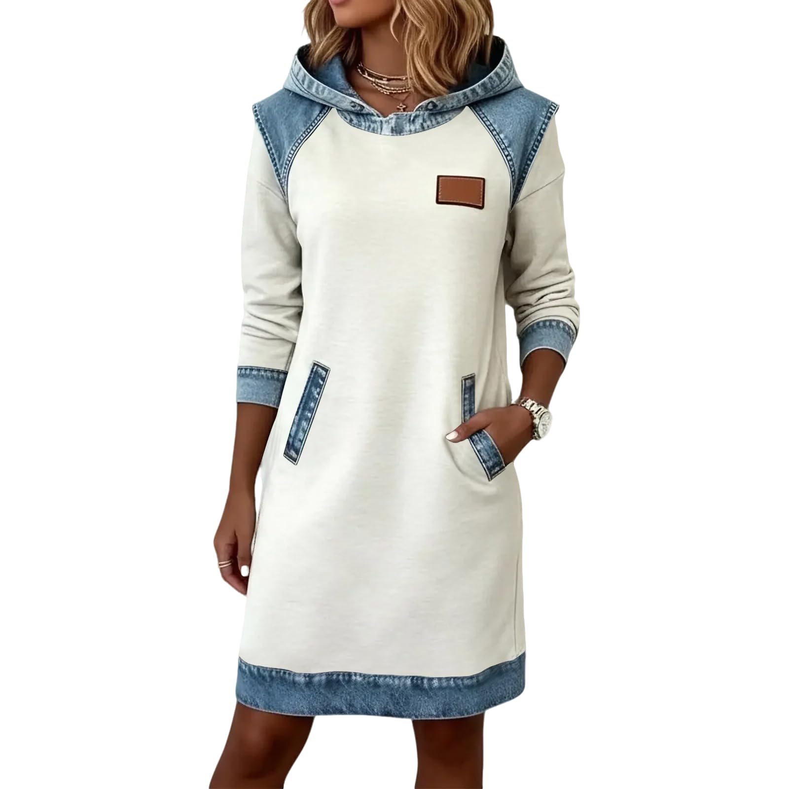FUPODD Pulloverkleid Damen Oversize Mit Kapuze Sweatkleid Langarm Patchwork Jeans Hoodie Kleid Knielang Winterkleid Elegant Hoodiekleider Winter Sweatshirtkleid Mit Taschen Kapuzenkleid Longpullover