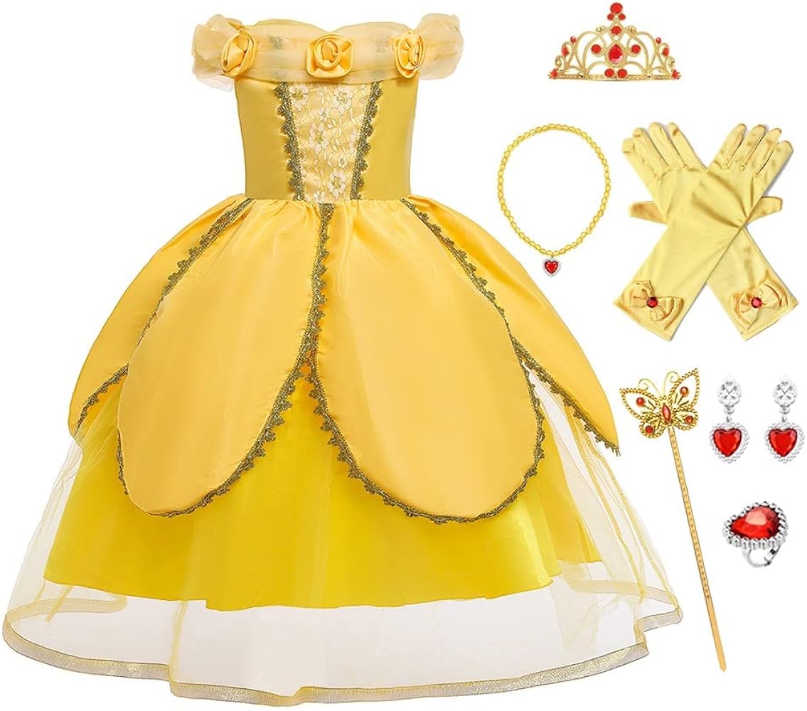 FYMNSI abito da donna per costume di carnevale per adulti La Bella e la Biest Costume di Carnevale Cosplay Principessa Abito Lungo da Sera Halloween Costume da Weihnacten vestito da favola Giallo