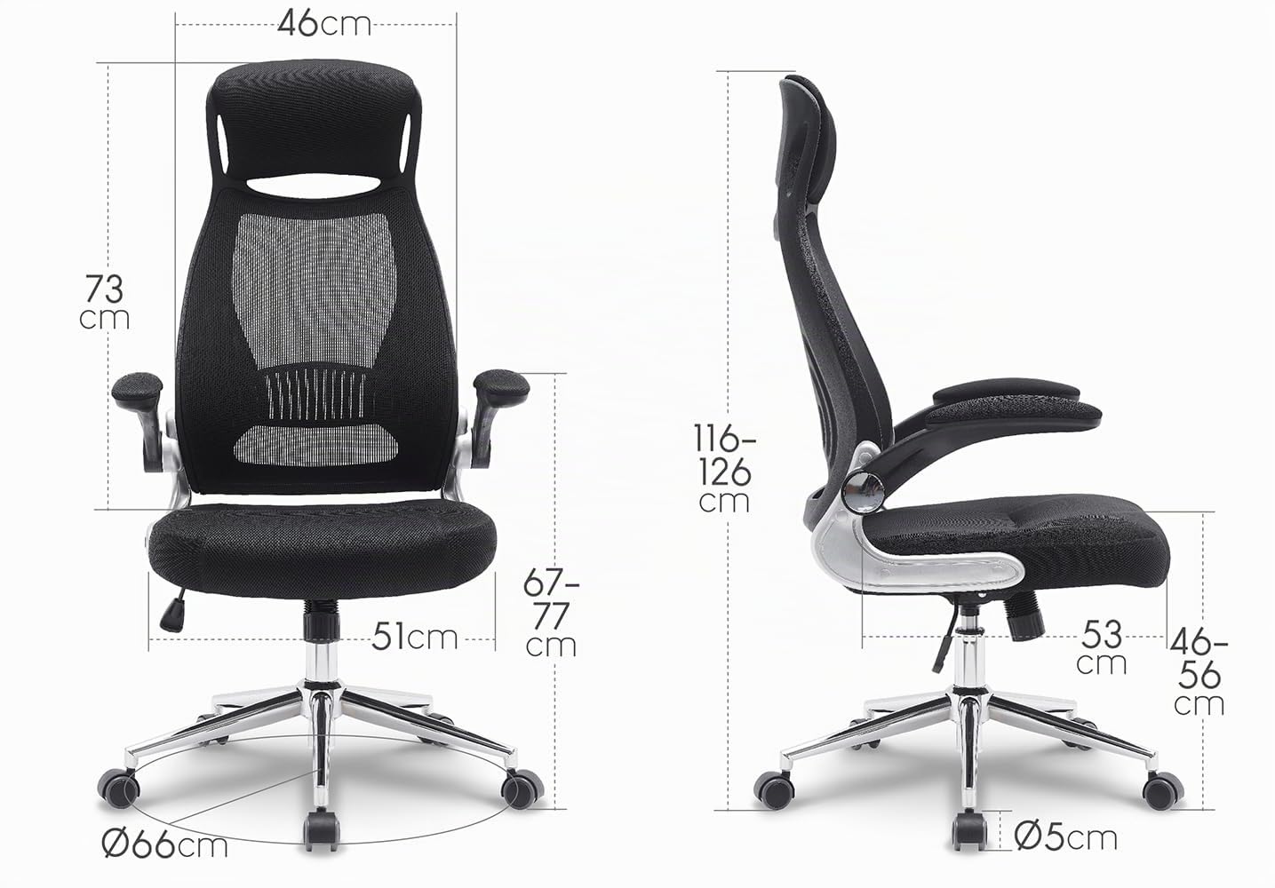 Waytex Fauteuil de Bureau Ergonomique Tissu Résille, Dossier Haut avec Appui-Tête Intégré, Accoudoirs Relevables, Soutien Lombaire, Réglable en Hauteur, Pied Métal Chromé – Noir