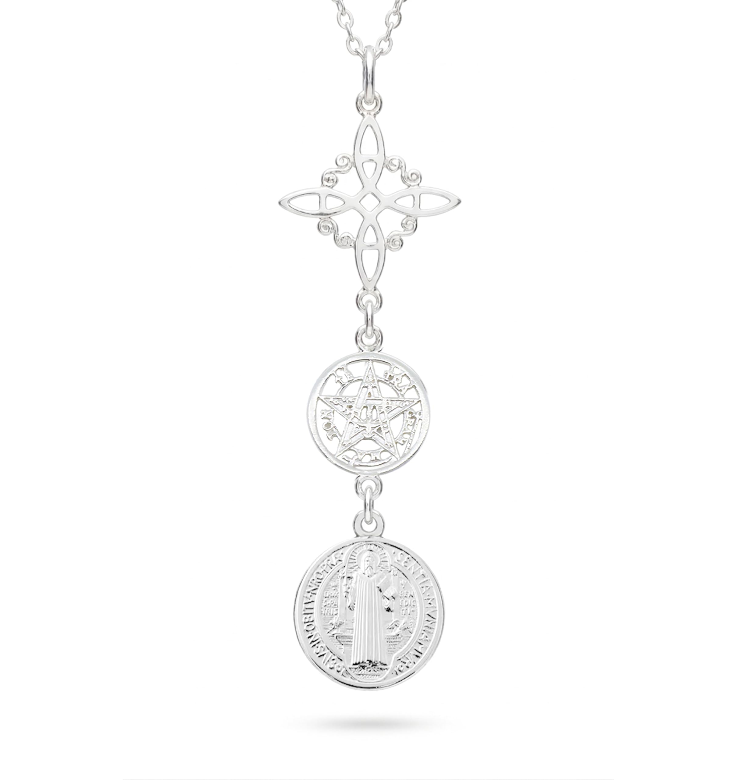Only faith Collar Nudo de Bruja con Tetragramatón Plata de Ley 925 Italiana, Cadena largo 45 cm, Amuleto Triple Protección San Benito