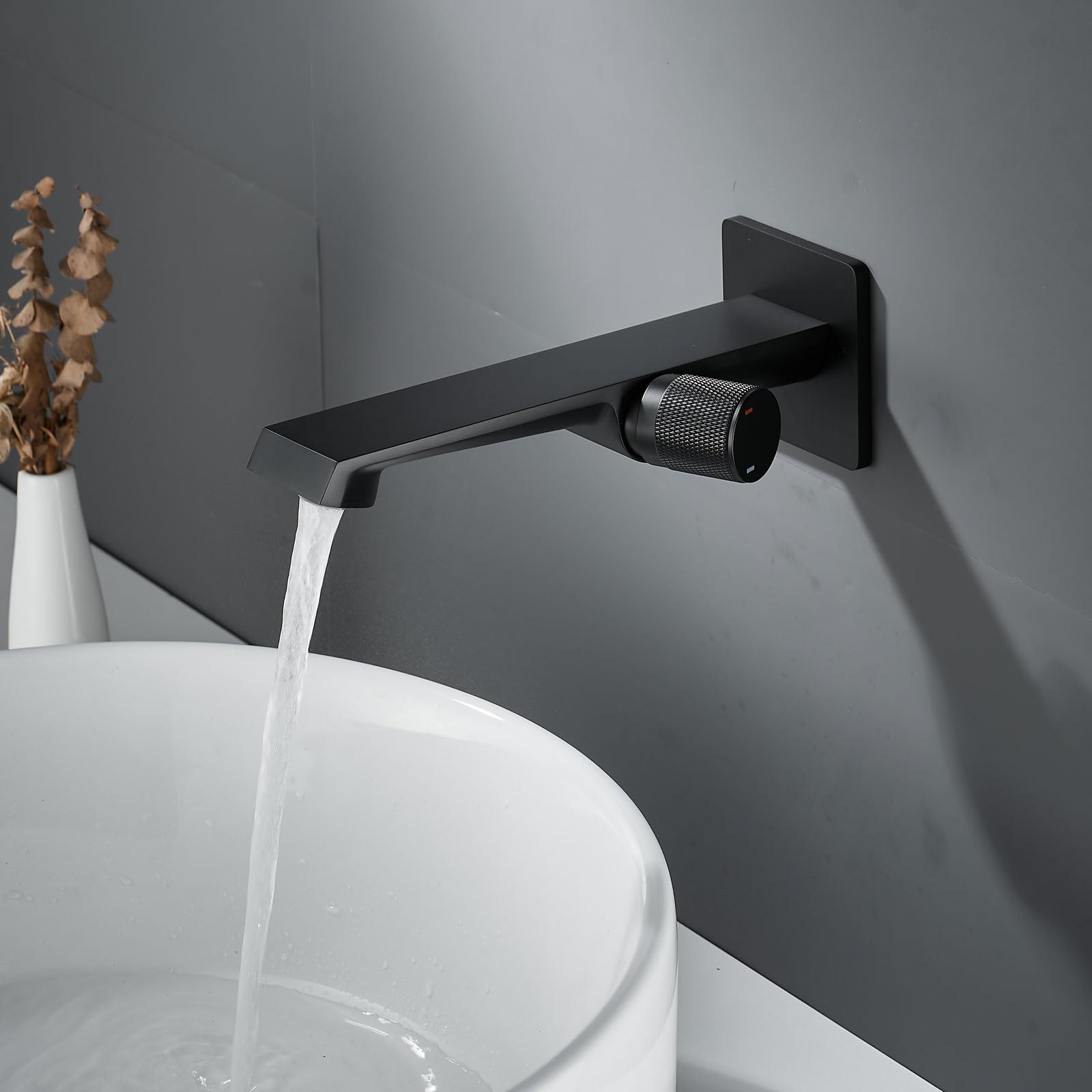 PHASAT Robinet Lavabo Salle de Bain Noir, Mitigeur Lavabo Encastré 1 Trous, Robinet Mural Salle de Bain Avec bec Prolongé PTMP10B