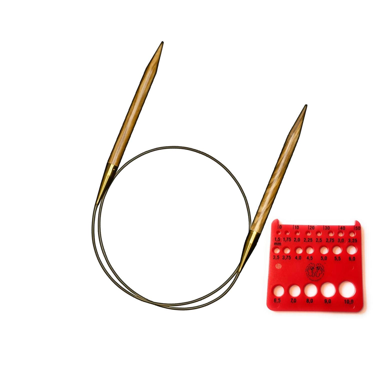 addi Nature Olivewood Rundstricknadel mit goldfarbener Kordel (EU-Version) und 1 roter Nadelstärke 80 cm, Größe US 2 (3 mm)