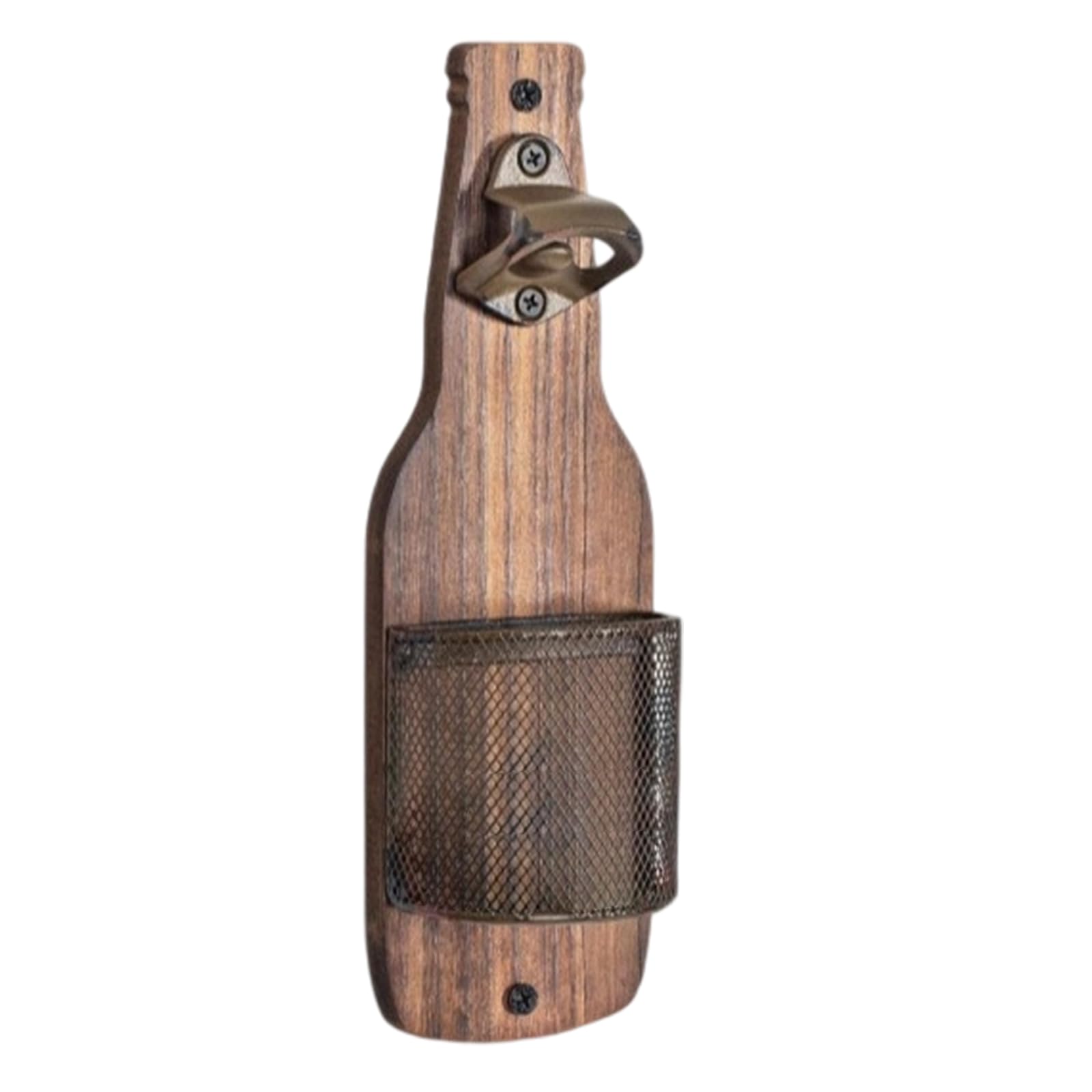 JSGHGDF Permanent Cast Iron Wall Mount Drink Opener Featuring Decorative Wood Panel and Steel Net Sturdy Cast Iron Opener