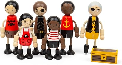 Bigjigs Toys Pirate Dolls, 6 Wood Pirate Figures with Treasure Chest