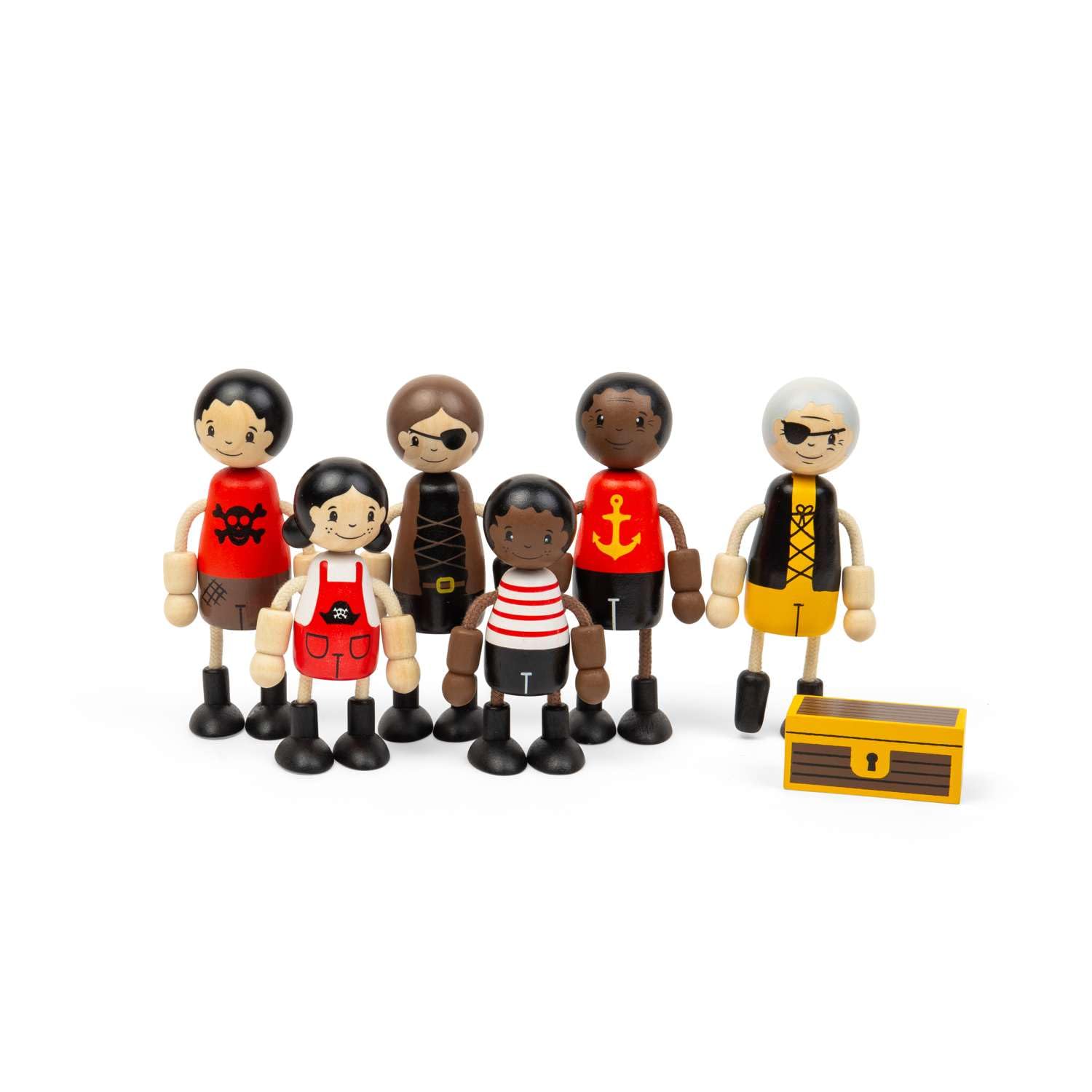 Bigjigs Toys Pirate Dolls | Set of 6 Pirates for Wooden Doll House or Ship Toy | Wood People Figures for Kids' Role Play Games | Includes Small Treasure Chest | Fantasy Character Playset for Children
