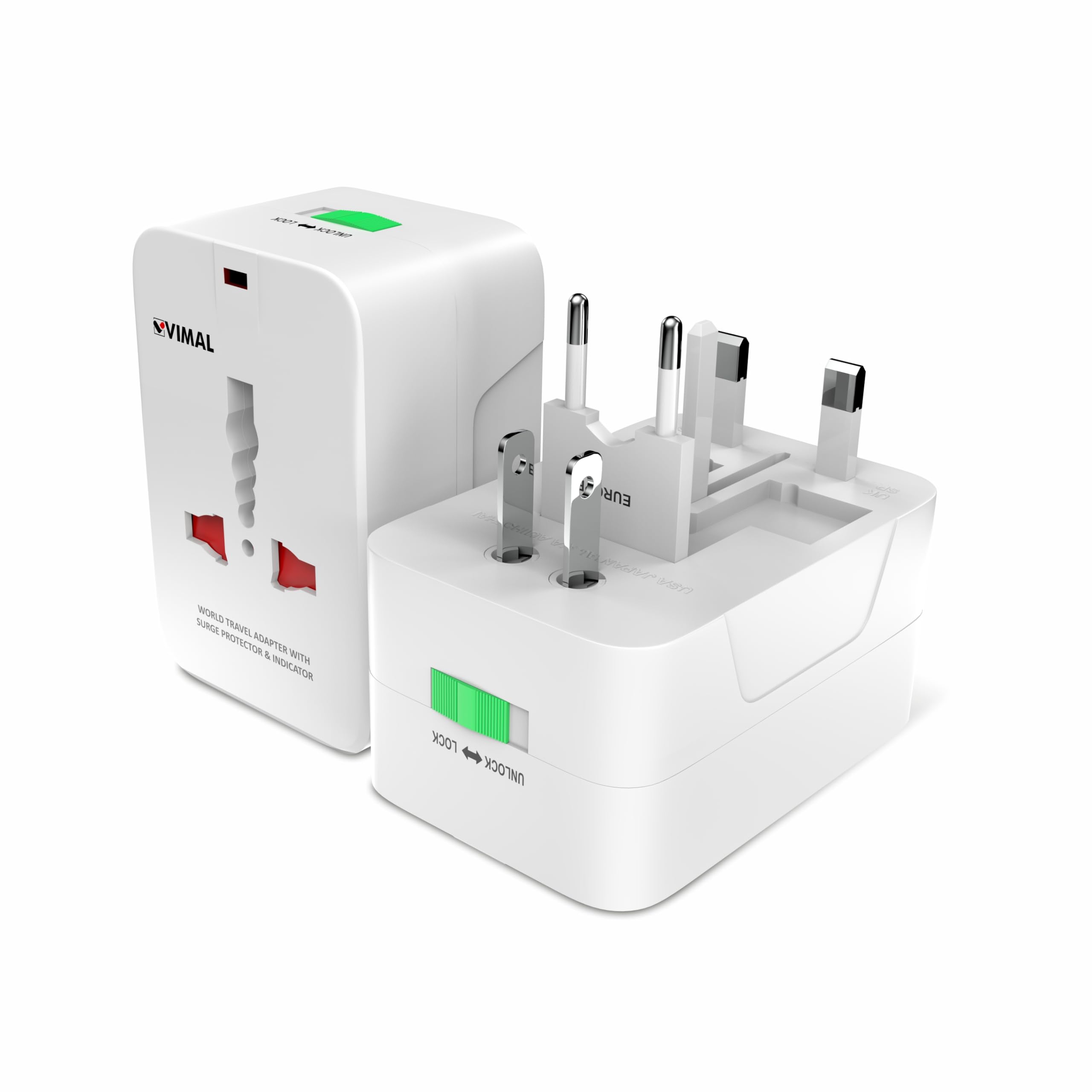 Vimal World Travel Adapter Plug – All-in-One Worldwide Plug for USA, Europe, UK, AUS & 150+ Countries with International Socket,Surge Protector,Safety Shutter & Indicator(100-250V),White-image-5