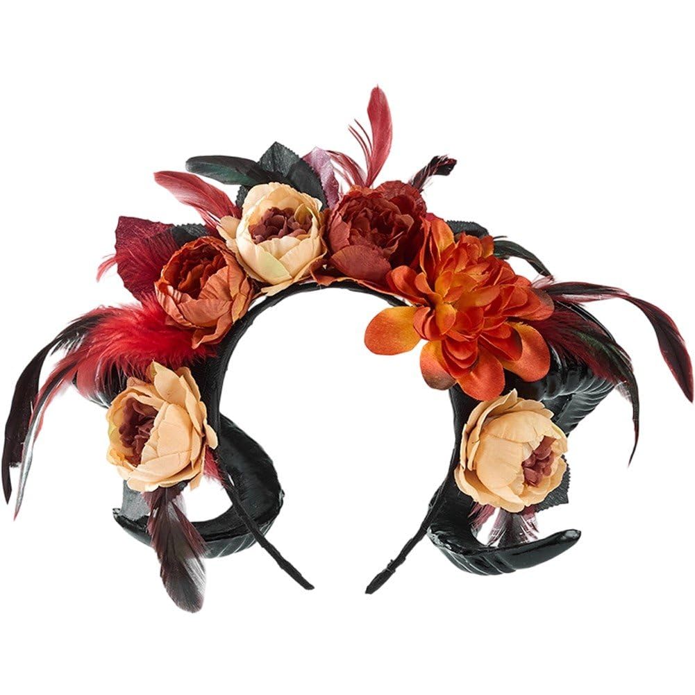 Bandeau Lolita à cornes gothique orné de plumes et fleurs aux détails soignés