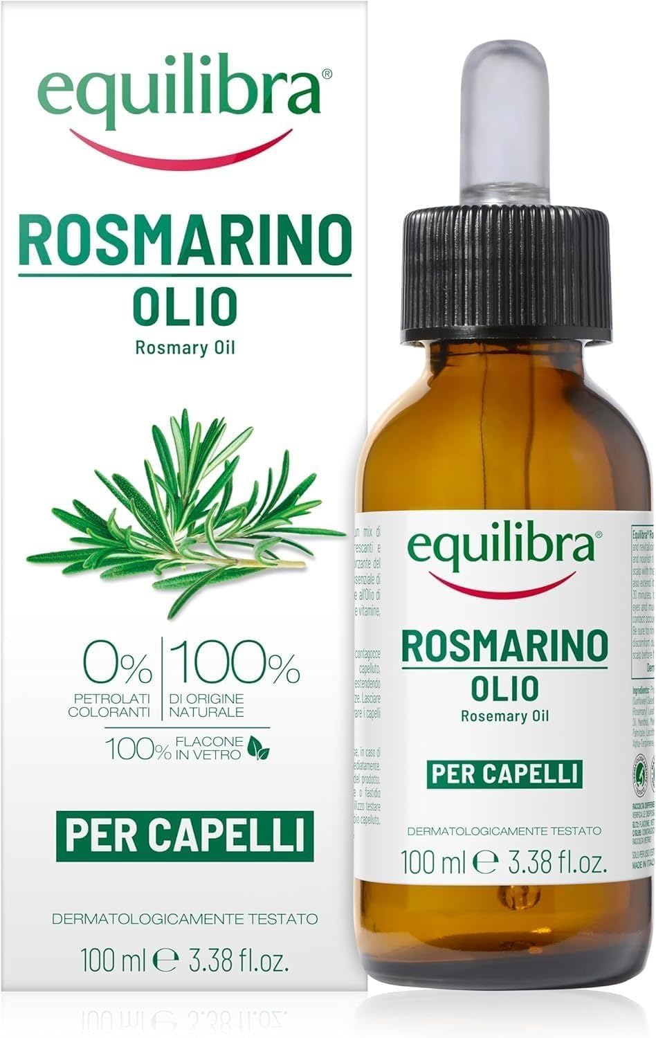 Equilibra, Olio di Rosmarino per Capelli, 100 ml, con Olio di Rosmarino, Olio di Mandorle e Olio di Ricino, Rinforza Cuoio Capelluto e Capelli, Dermatologicamente Testato, Adatto a Pelli Sensibili