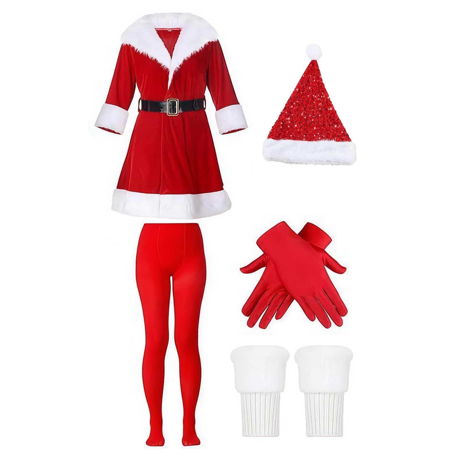 Christmas Elf Costume Womens, Red Green Elf Outfit with Hat Socks, Santa Helper Fancy Dress Womens Christmas Costume, for Christmas Party Cosplay