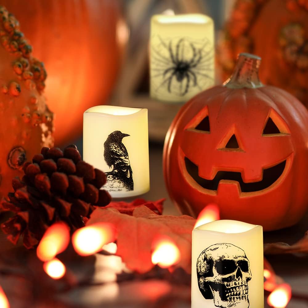 Wondise Halloween Flameless Tea Light Candles with Timer, 6 pcs Battery Operated LED Flickering Votive Candle with Skull Spider Crow Print for Halloween Decoration
