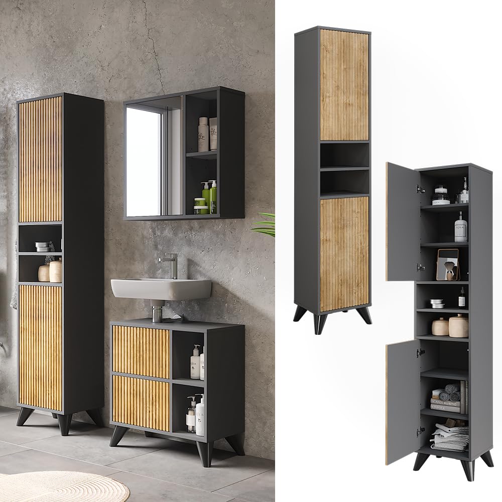 Vicco Mobiletto da bagno Leano, Antracite/quercia di montagna, 38 x 180 cm con 2 porte, adatto per la conservazione di articoli da bagno e asciugamani