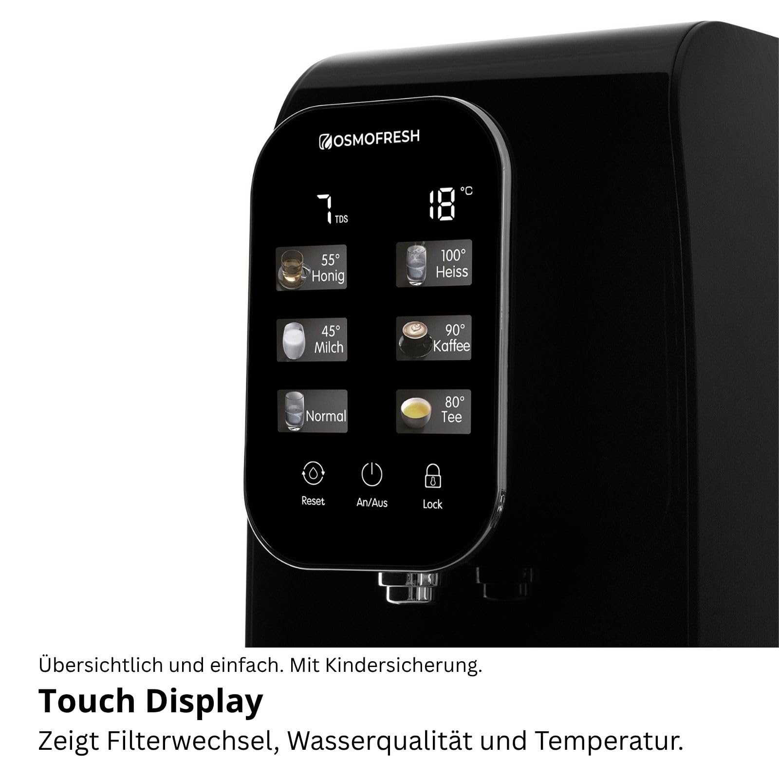OsmoFresh Auftisch Osmoseanlage Quella Life mit 6 Temperaturstufen (~15-100°C) mobil kein Wasseranschluss nötig 5 stufige Filterung kalkfreies Trinkwasser Überwachung Filterlebensdauer Wasserspender