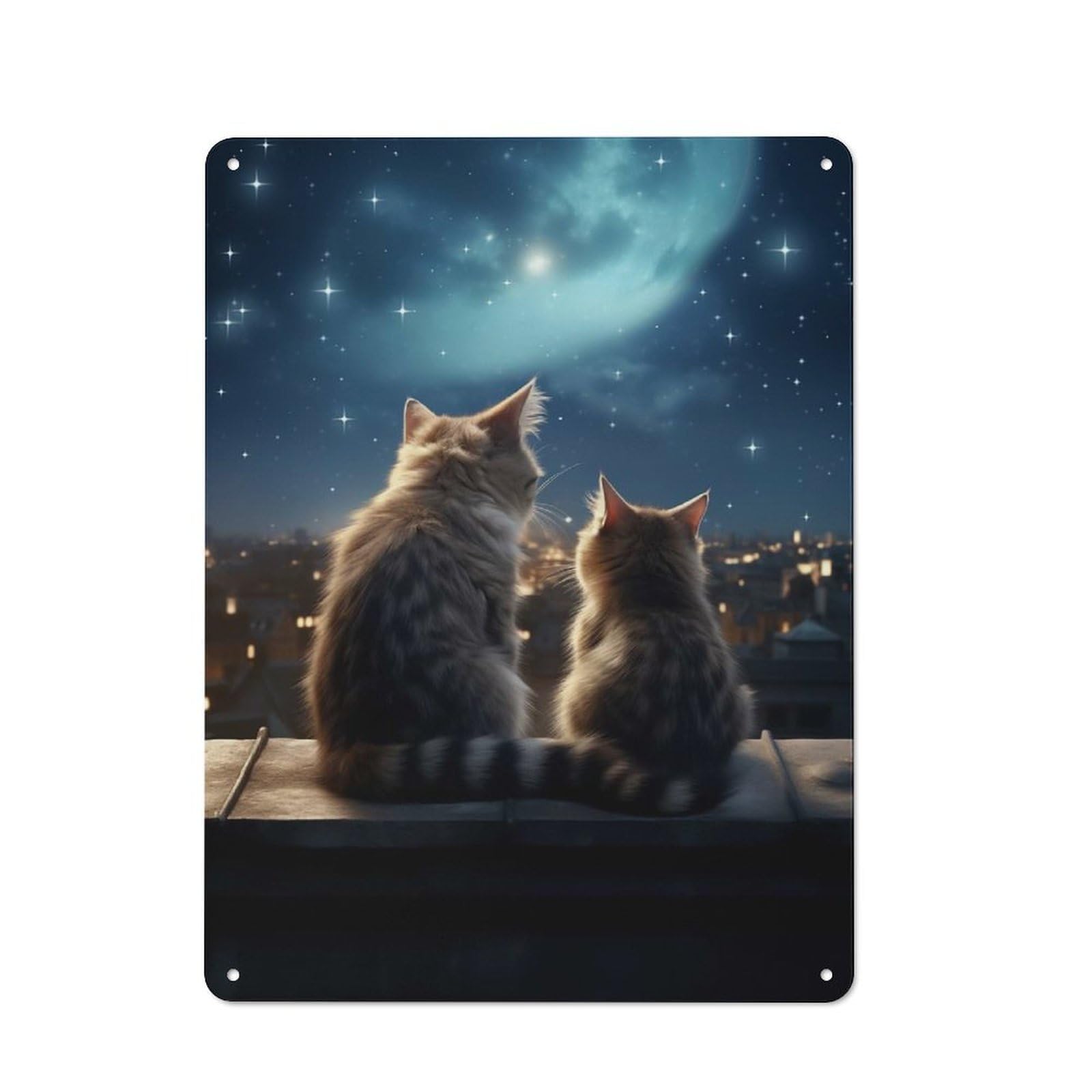 Junmoney Style-1-1 Metal Plaque 40X30cm With Two Cats Gazing Night Sky For Pub Or Café, Retro Decor, For Pub Decor Enthusiasts Refreshing A Room In Autumn