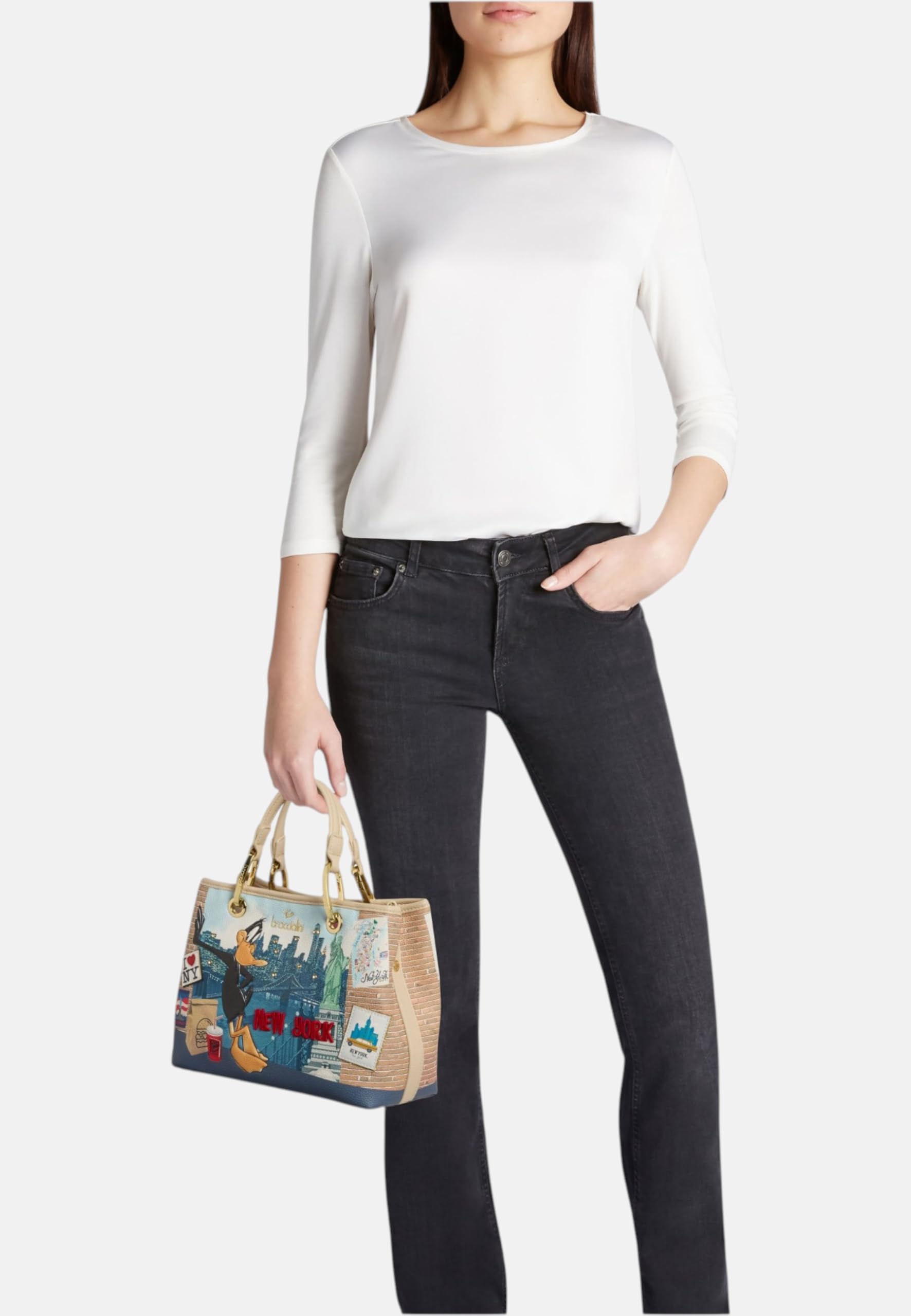 Braccialini Postales Lt Bolso de mano de piel sintética con asas dobles y correa ajustable y extraíble, para una doble portabilidad cómoda y versátil. El estampado vibrante inspirado en Nueva York