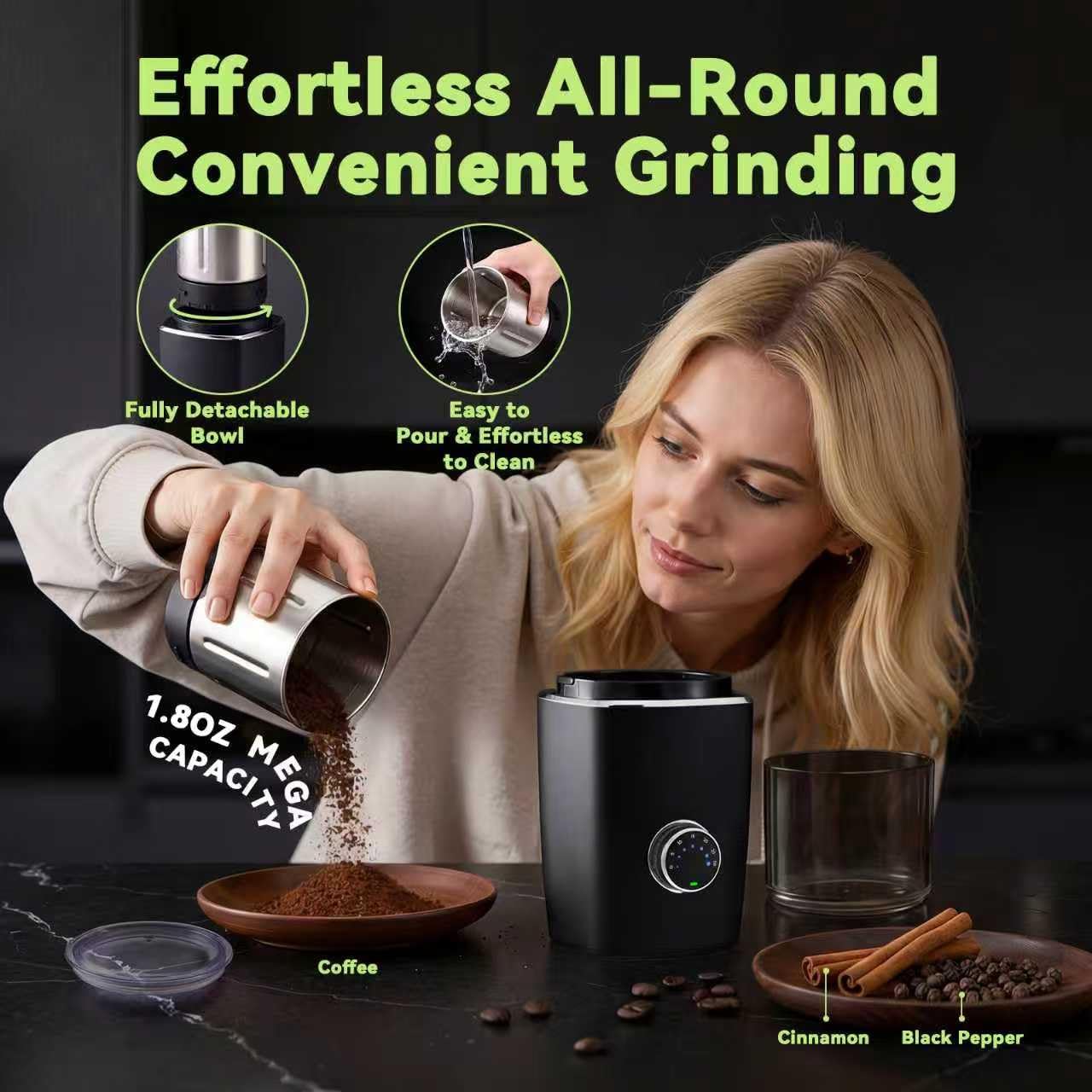 Electric Coffee Grinder for Coffee Beans, Spices and Herbs, Adjustable Grind Fineness, 1.8 oz Capacity, Hands-Free Operation, Leak-Proof Design, Odor-Free, Detachable and Easy to Clean, Black