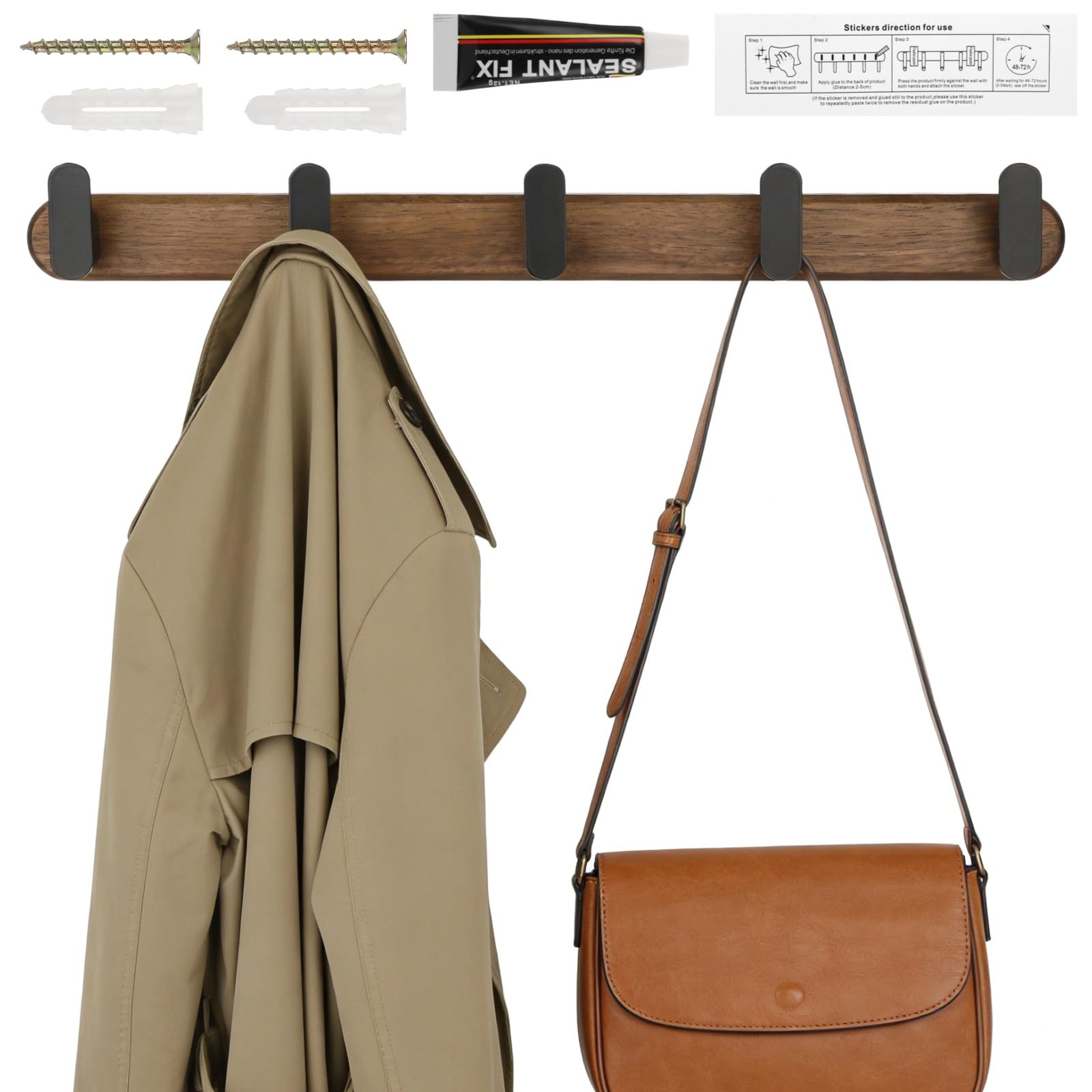 Varku Coat Hooks Wall Mounted, Walnut Wood Coat Hooks, Coat Rack Wall Mounted with 5 Hooks, No-Drill Installation, Heavy Duty Wooden Rack for Hanging Clothes -19.7in, Hats, Towels, Bags