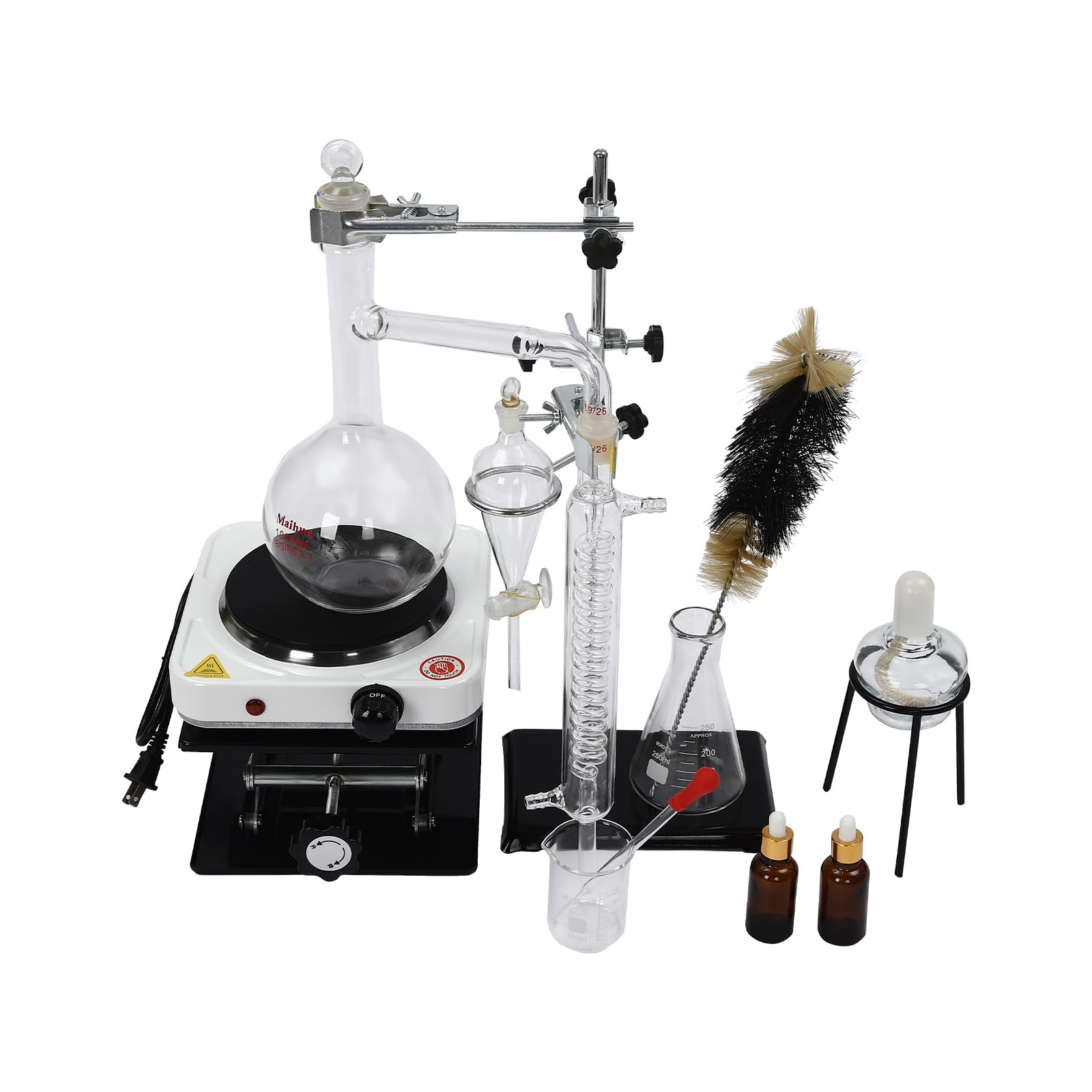 EEYBLAEEY 1000ML Essential Oil Distillation Apparatus Lab Glassware Distillation Kit, Lab Glassware Equipment, Water Distiller Purifier with Hot Stove Condenser Joint (110V)