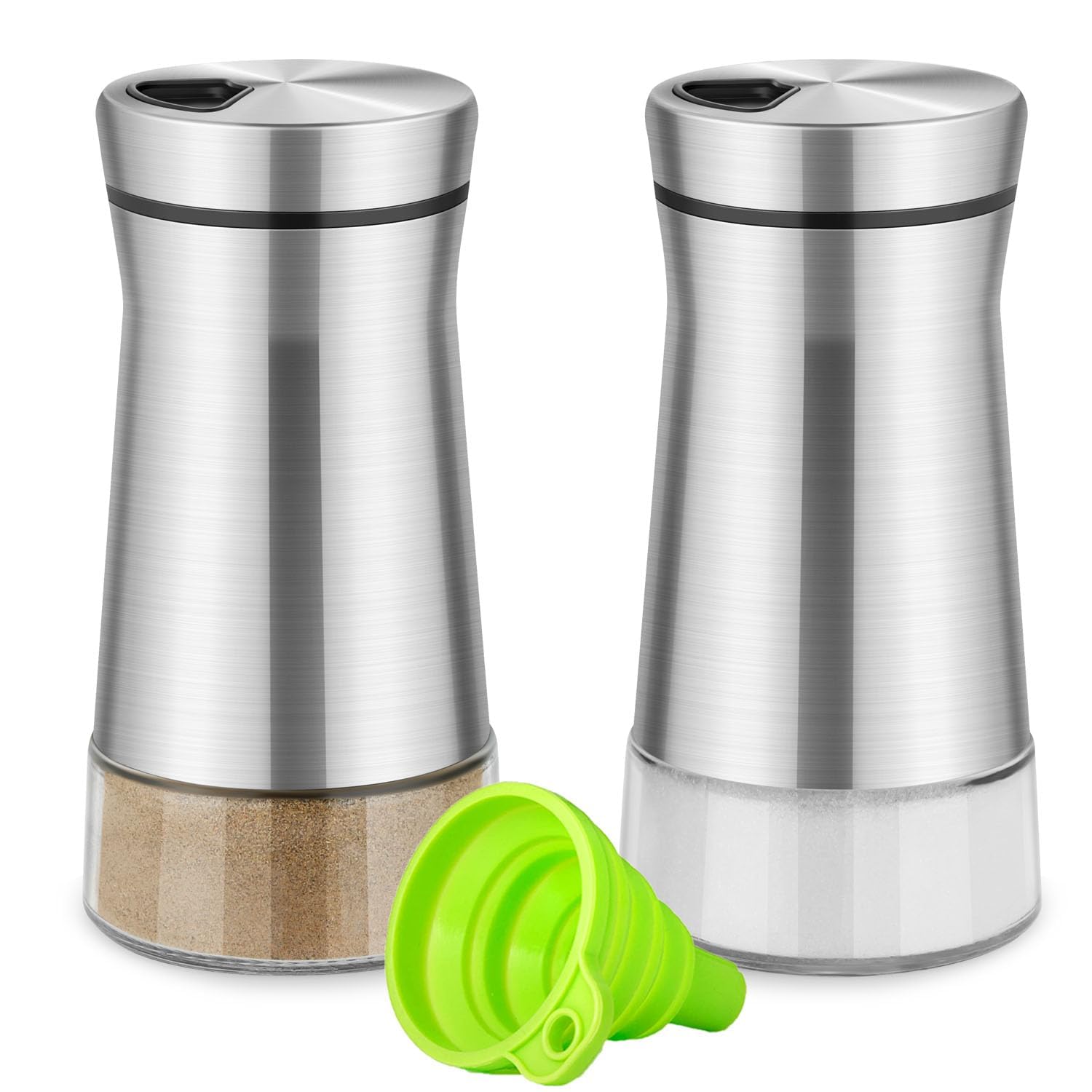 Salt and Pepper Shakers, with Adjustable Pour Hole, Stainless Steel Salt Shaker with Clear Glass Bottom, Refillable Spice Dispenser Perfect for Home Kitchen Bbq Restaurant with Green Funnel(2pcs)