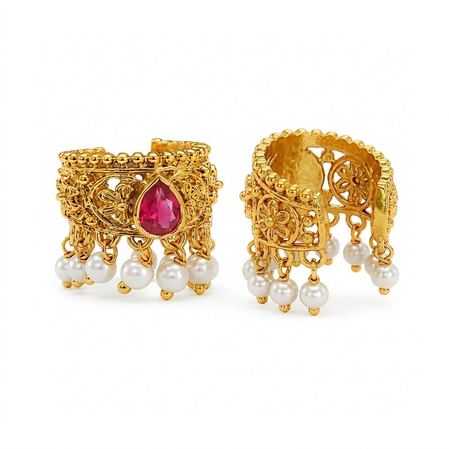 vama FASHIONS Traditional 18K Gold Plated South Indian Bugadi Bigadi Ruby Stone Ear Cuff Earrings Pearl Drop Upper Helix Ear Rings Maharashtrian Temple Jewellery for Women-picture-52