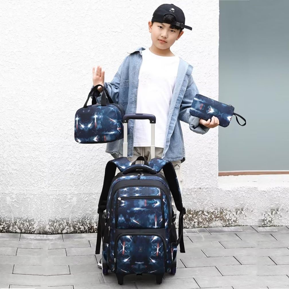 Zaino Trolley Scuola 3 in 1 Con Ruote, Borsa per il Pranzo e Sacchetto Portapenne per Ragazzi (Galassia Blu)