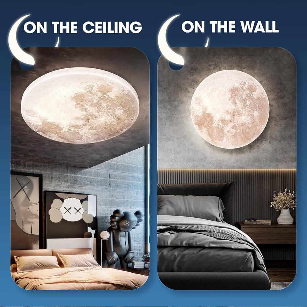 AoLa Lampada da soffitto a forma di luna moderna LED dimmerabile con telecomando Lampada da parete rotonda 3D forma di luna Lampada decorativa da parete Terra Luna Lampada da parete 3000-6500K,48CM