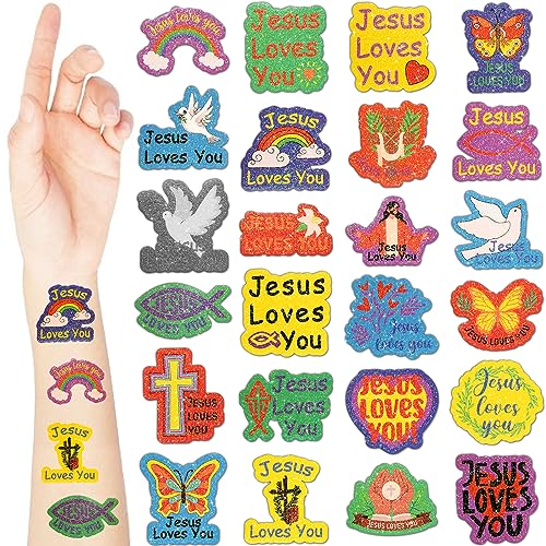 Landhoow 240 Pcs Jesus Loves You Tattoos Temporary Glitter Face Tattoos Cool Body Sticker Costume...