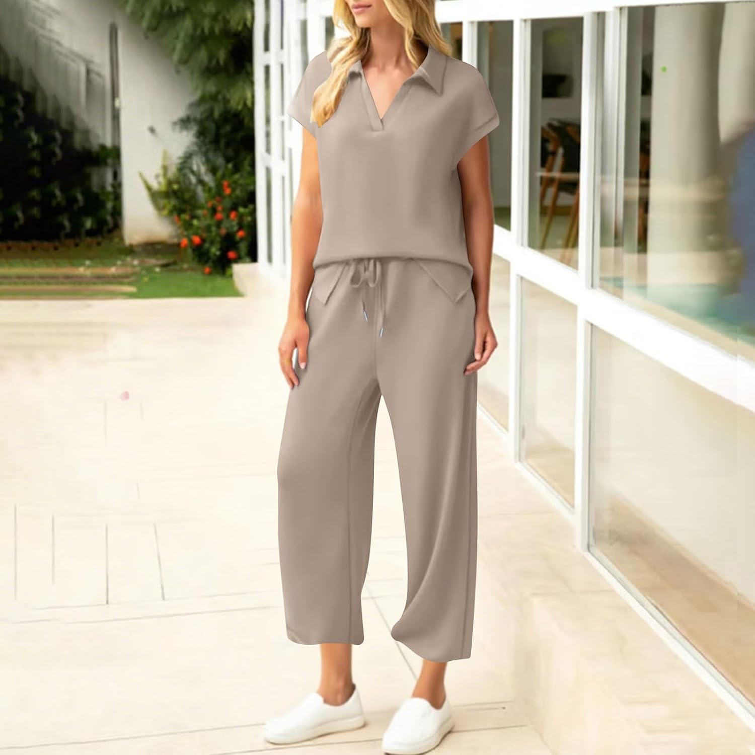 HGps8w 2 Piece Sets for Women Summer Lapel V Neck Short Sleeve Tops and Pants Tracksuit Going Out Lounge Outfits with Pockets