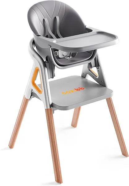 CoziBB Baby High Chair, 6-in-1 Convertible Growing Baby High Chair for Infants and Toddlers with Adjustable Plates and Seats, 5-Point Seat, Grey
