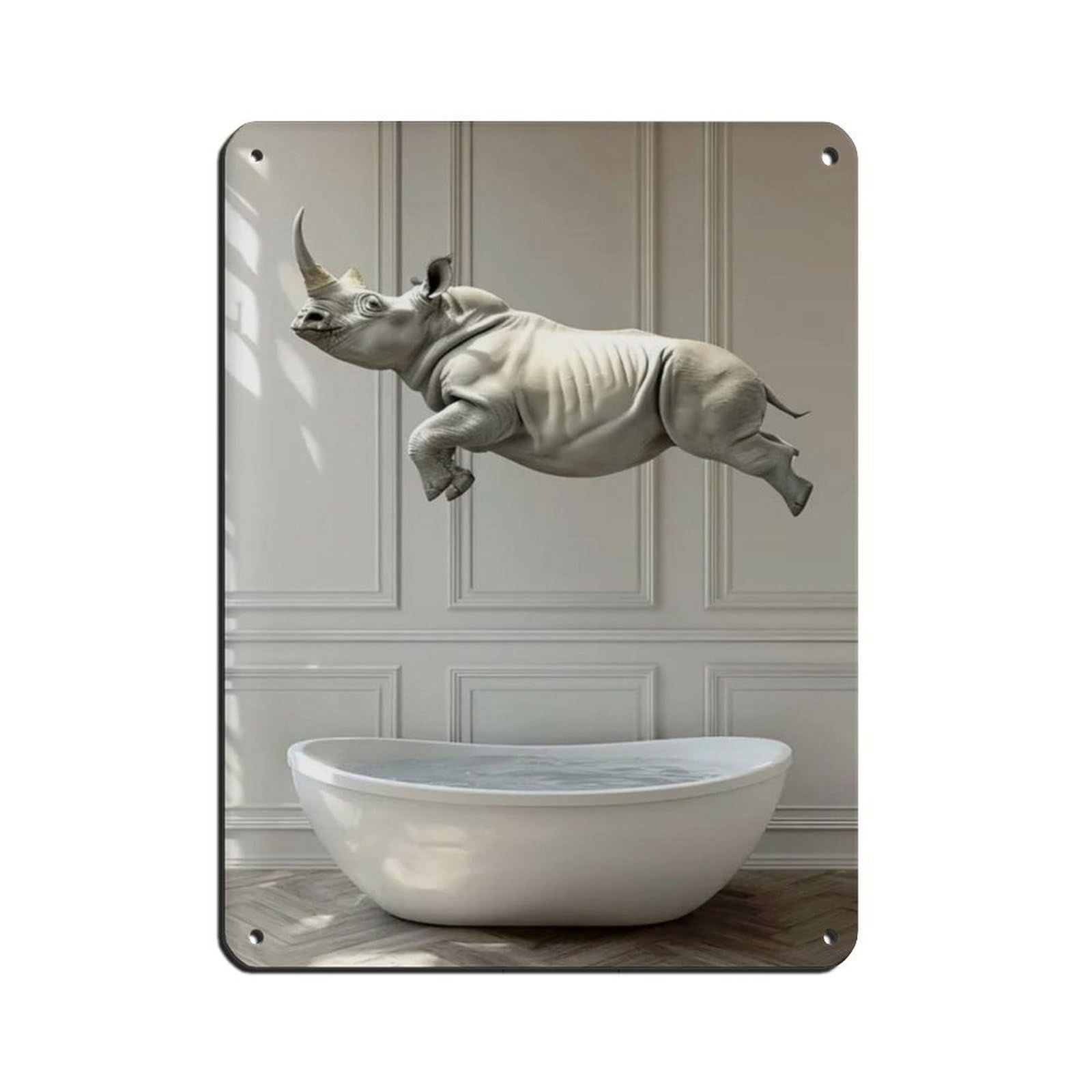 Rhino Jumping Into Bathtub, Funny Bathroom Art Tin Sign Vintage Metal Pub Club Cafe Bar Home Wall Art Decoration Poster Retro 12x16inch(30x40cm)