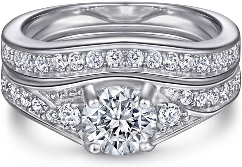 Vintage Bridal Sets Wedding Rings for Women Engagement Ring Set Platinum Plated Silver, 1 Carat Center Moissanite Wedding Ring Set Anniversary Promise Rings