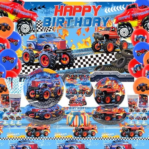 Obussgar Décorations de fête d'anniversaire Monster Truck – Accessoires de fête avec toile de fond, assiettes, tasses, serviettes, nappes, ballons –...