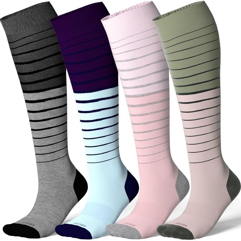 LEVSOX Calcetines de compresión de bambú para mujeres y hombres, 20-30 mmHg hasta la rodilla, lindos calcetines de apoyo para enfermeras, mujeres