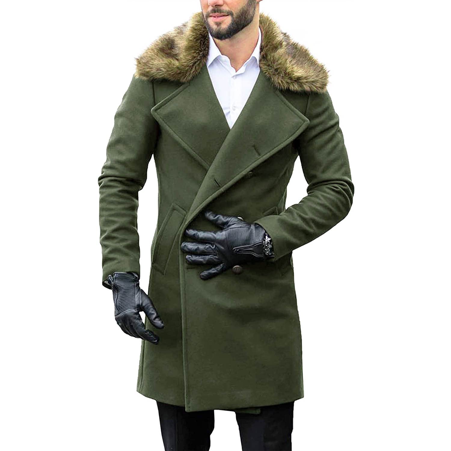 Manteau Long Homme Men's Winter Warm Trench Overcoat Faux Fur