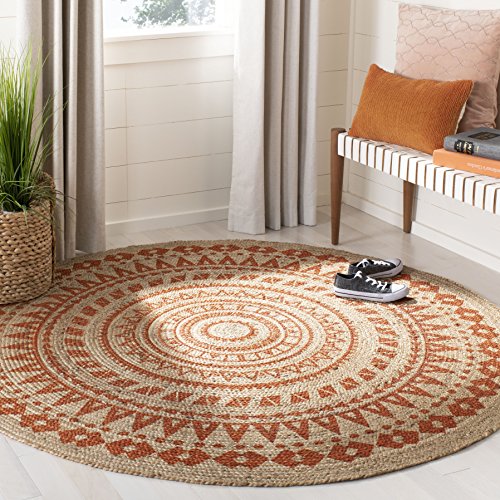SAFAVIEH Natural Fiber Collection Area Rug - 4' Round, Orange & Natural, Handmade Boho Mandala Braided Jute, Ideal for High Traffic Areas in Living Room, Bedroom (NF802B)