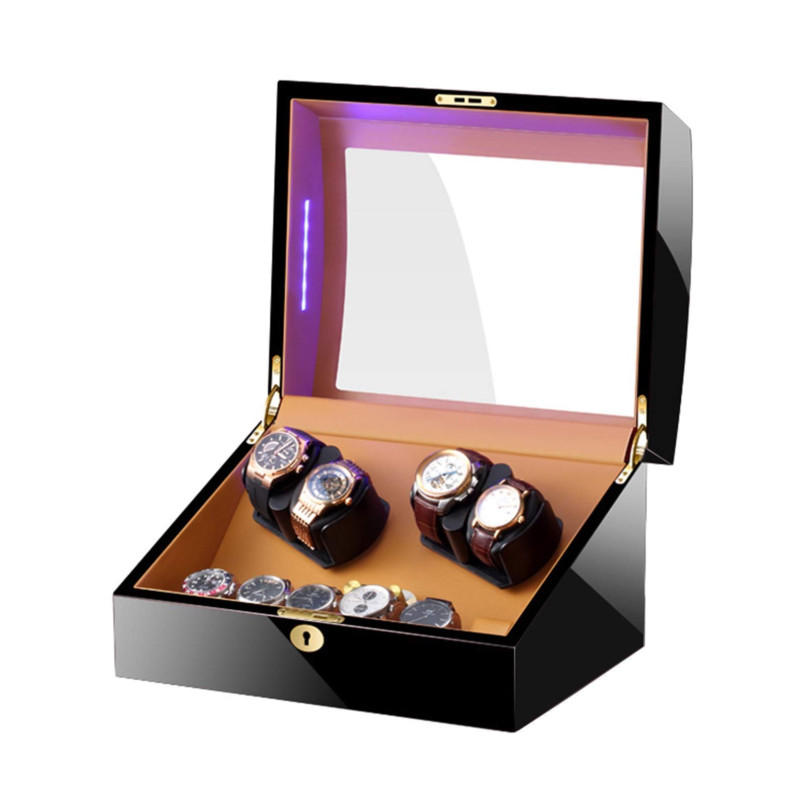 OLSKFUH Automatic Watch Winder Box For 4 Watches + 6 Storage With Led Light Soft Watch Pillow Piano Paint Exterior Quiet Motor,