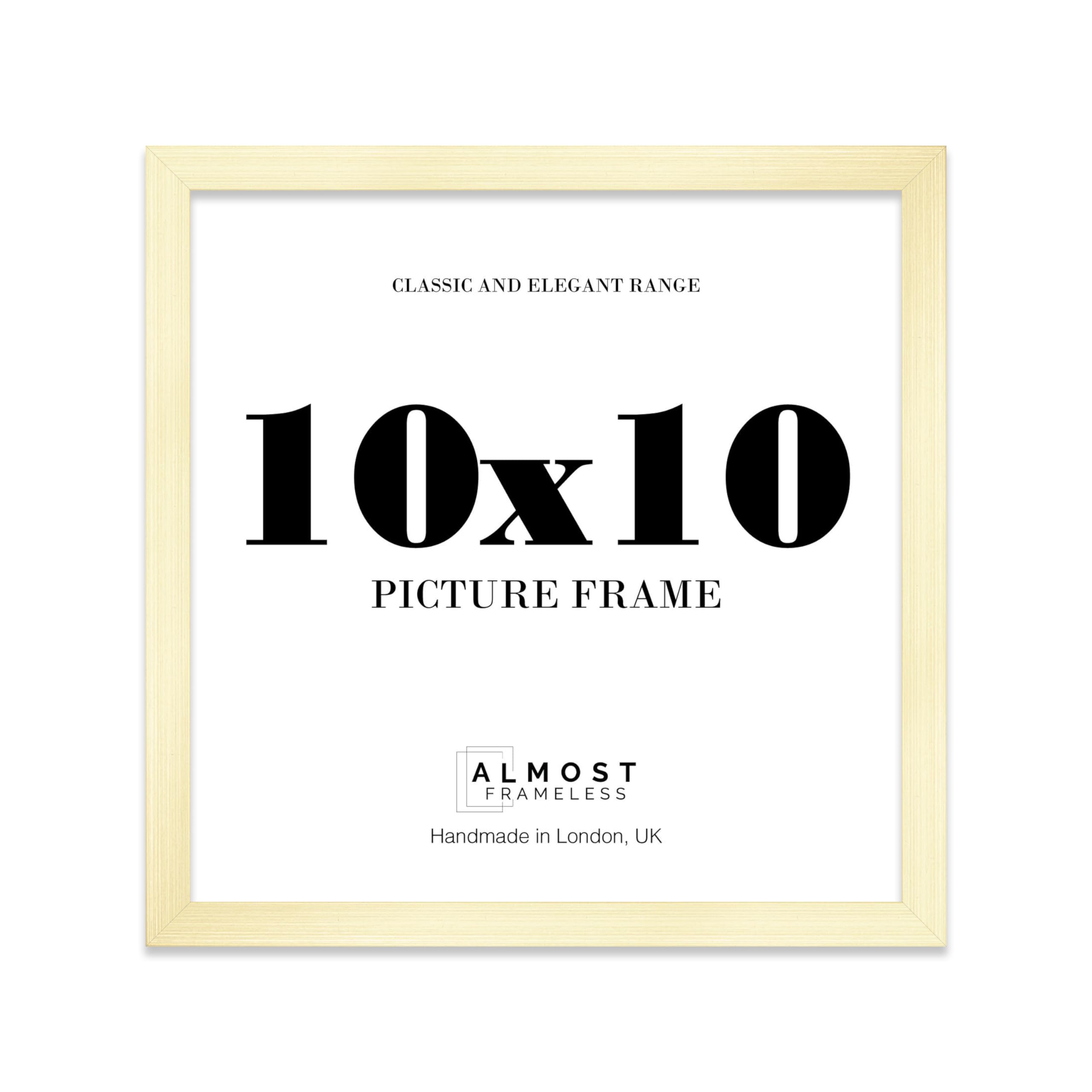 Almost Frameless 10x10 Gold Picture Frame 10"x10"(25.4x25.4cm) Poster, Photo, Artwork, or Print. Thin Edge Slim Frame Portrait and Landscape Display with Wall Hooks
