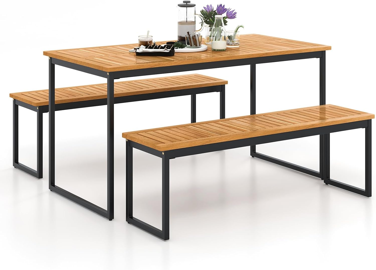 Tangkula 3 Pieces Outdoor Dining Set for 6 People, 55 inch Rectangle Patio Table & 2 Benches with Acacia Wood Tabletop, Metal Frame & Umbrella Hole, Dining Furniture for Yard, Garden, Poolside