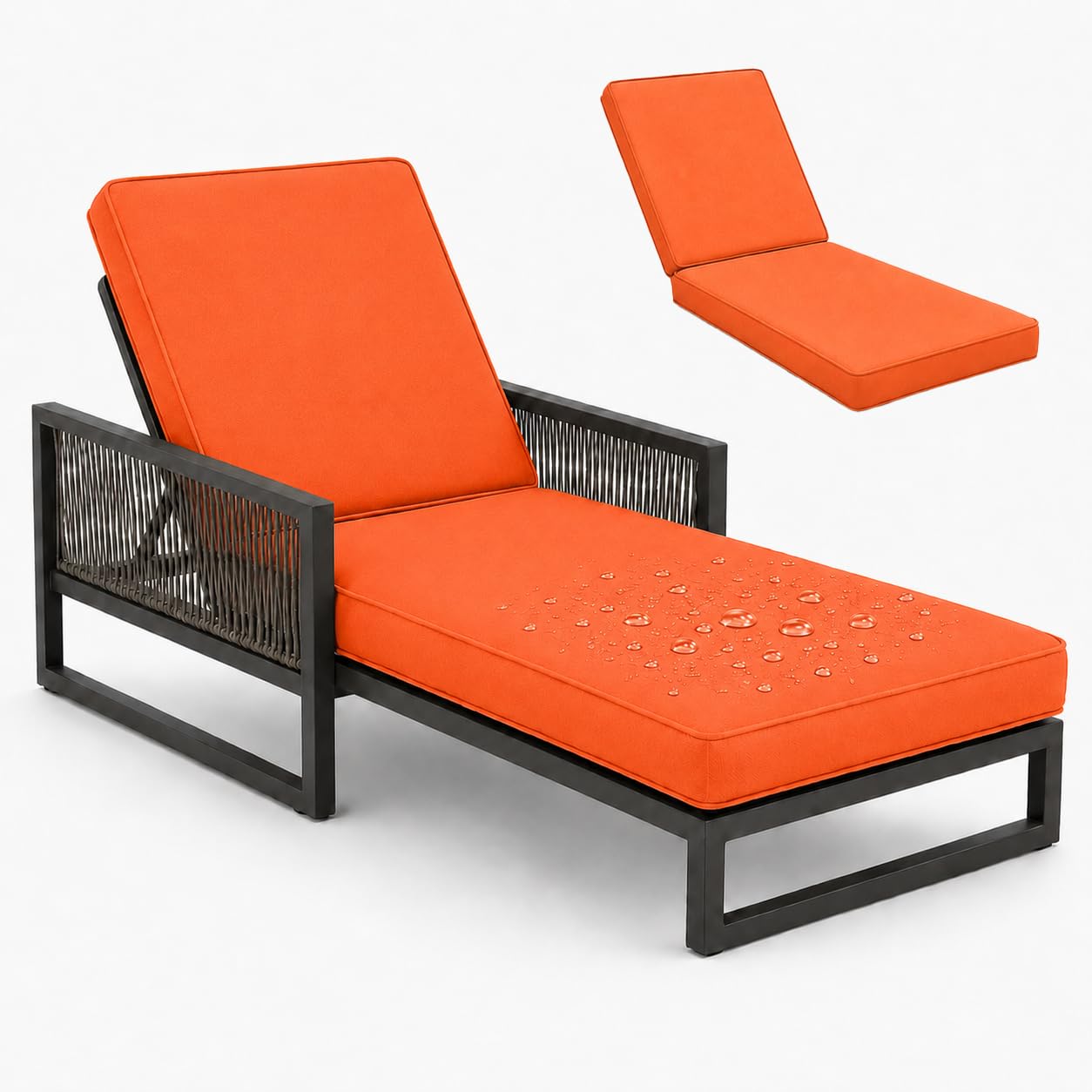 AZMAHT Sun Lounger Cushions Only Large Outdoor Cushions, Thick Padded Sunbed Cushion Mattress with Straps, Water-Resistant Rattan Lounger Replacement Pad for Garden Chair,Orange,178x59x10cm
