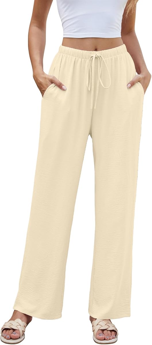 YSYOKOW Women High Waist Casual Pants Elastic Wide Leg Summer Beach Palazzo Trousers with Pockets Lightweight Comfy(Beige Yellow, Small)