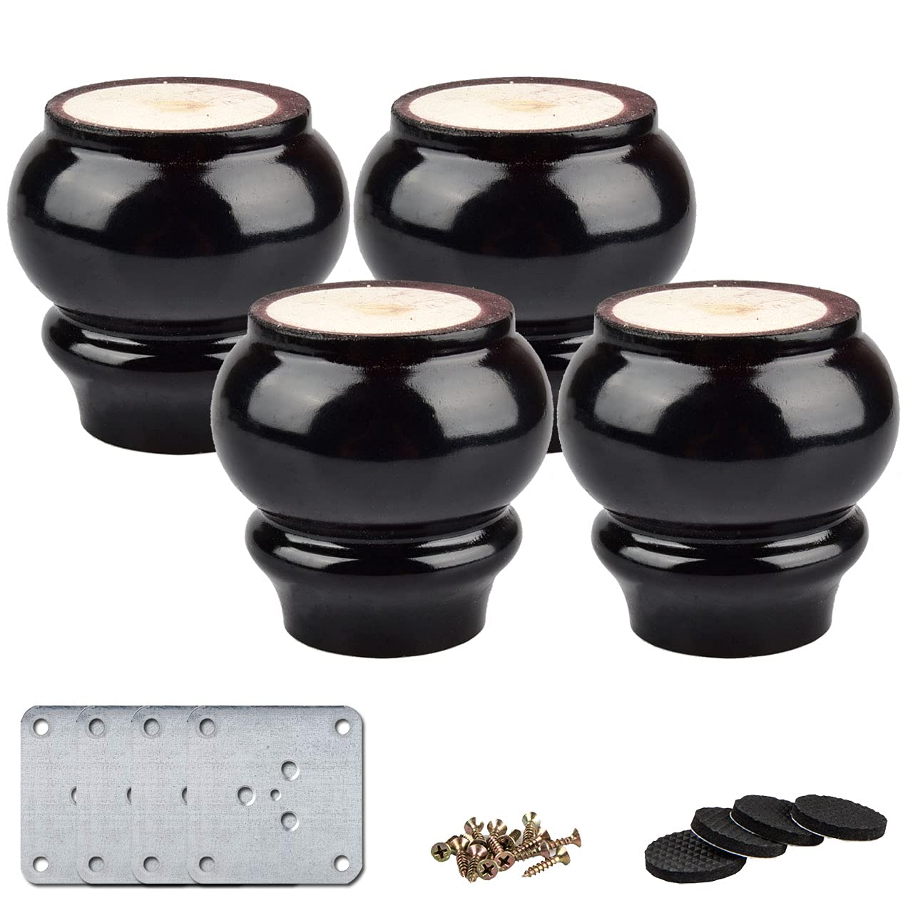La Vane Black 3 Inch / 8Cm Wooden Furniture Legs, Set Of 4 Mahogany Wood Round Gourd Replacement Bun Feet With Mounting Plate & Screws For Sofa Chair Loveseat Ottoman Cabinet