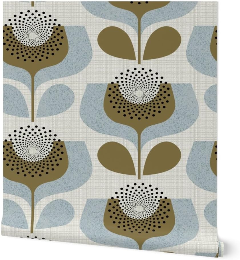 Removable Wallpaper 6ft x 2ft - Grey Neutrals Flowers Geometric Earth Shapes 70S 60S Scandinavian Seventies Scandi Mid Century Custom Pre-Pasted Wallpaper by Spoonflower