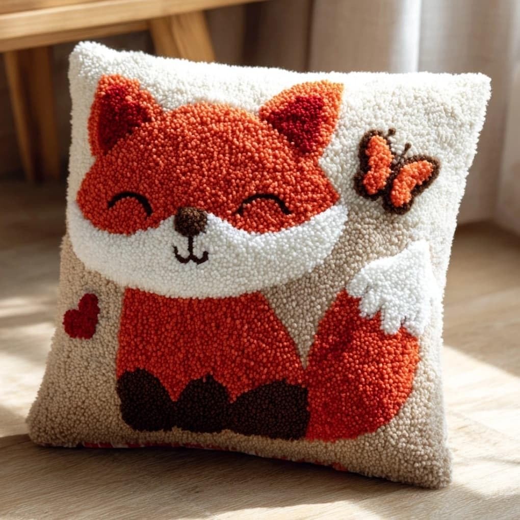 WallustrioaW DIY Latch Hook Pillow Kit,Fox Pillowcase Kits Embroidery Kits 17X17 Inch DIY Needlework Pillow Cover Sofa Cushion Rug Making