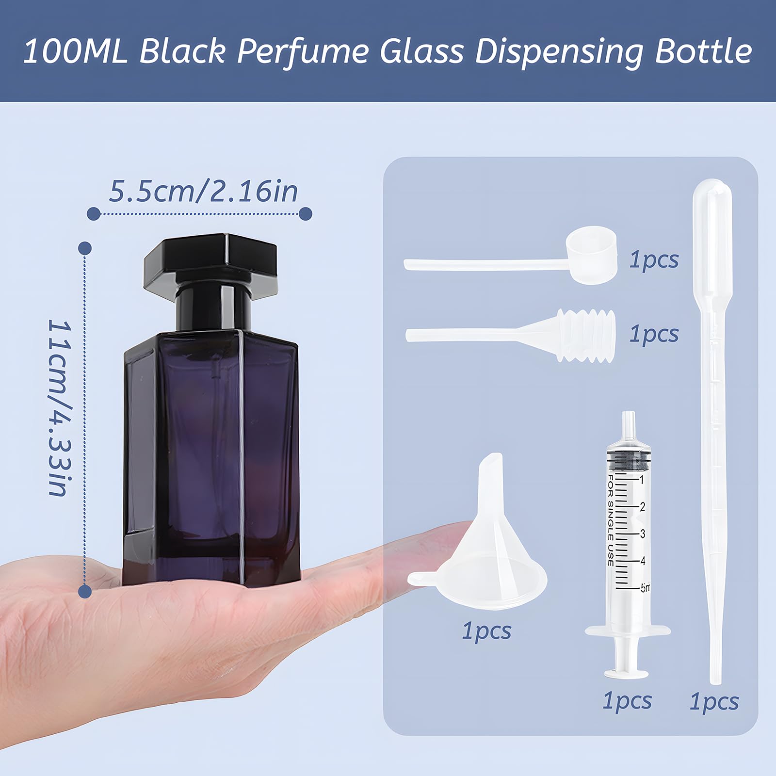 Przenośny rozpylacz do perfum 100 ml, do ponownego napełnienia, pusty, szklana butelka z rozpylaczem do perfum, wielokrotnego użytku, z pipetą i lejkiem, szczelny, do napełniania, czarny