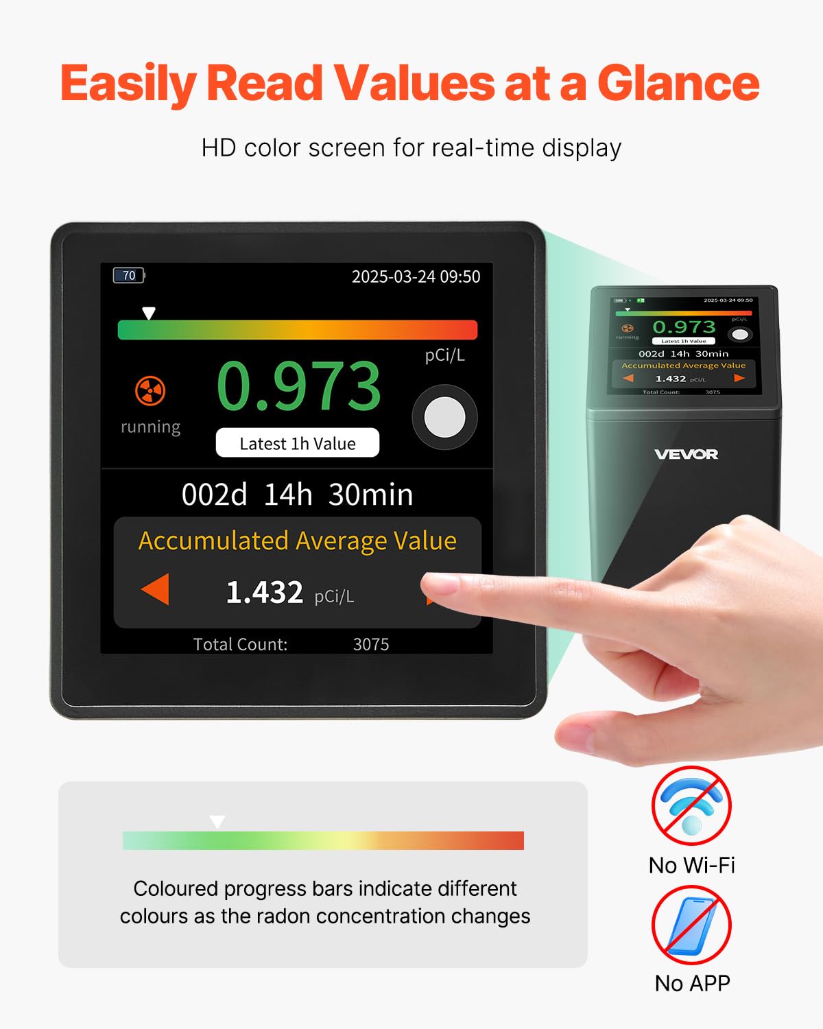 VEVOR Détecteur de Radon Domestique, 0,054-540 pCi/L, Écran LCD Couleur Affichage Temps Réel, Surveillance à Court et Long Terme, Prise en Charge de Plusieurs Périodes Détection, Alimenté par Batterie