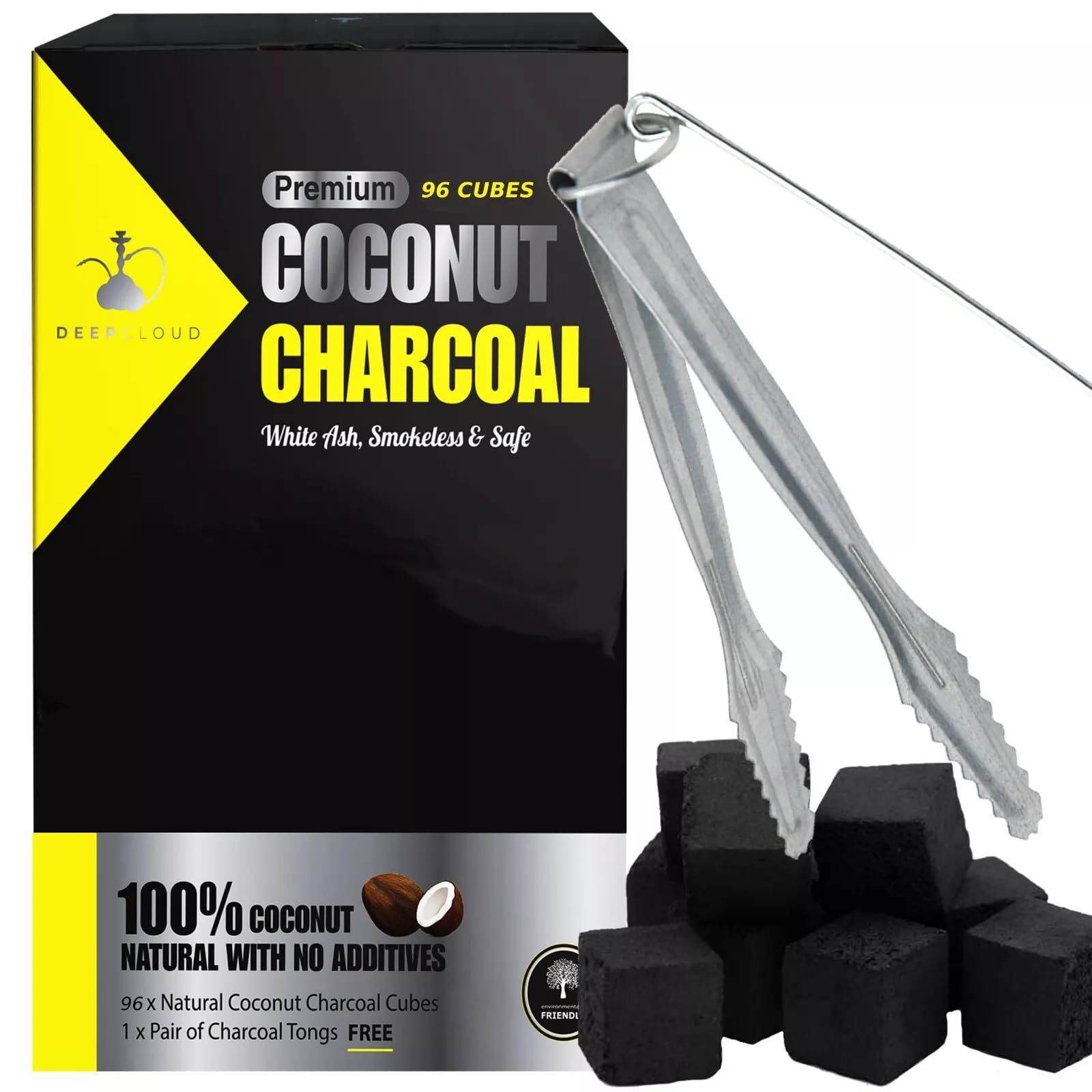 Deep Cloud Premium Coconut Shisha Charcoal Coal Cubes for Hookah, 96 Pieces, 20-22mm, with Metal Tongs