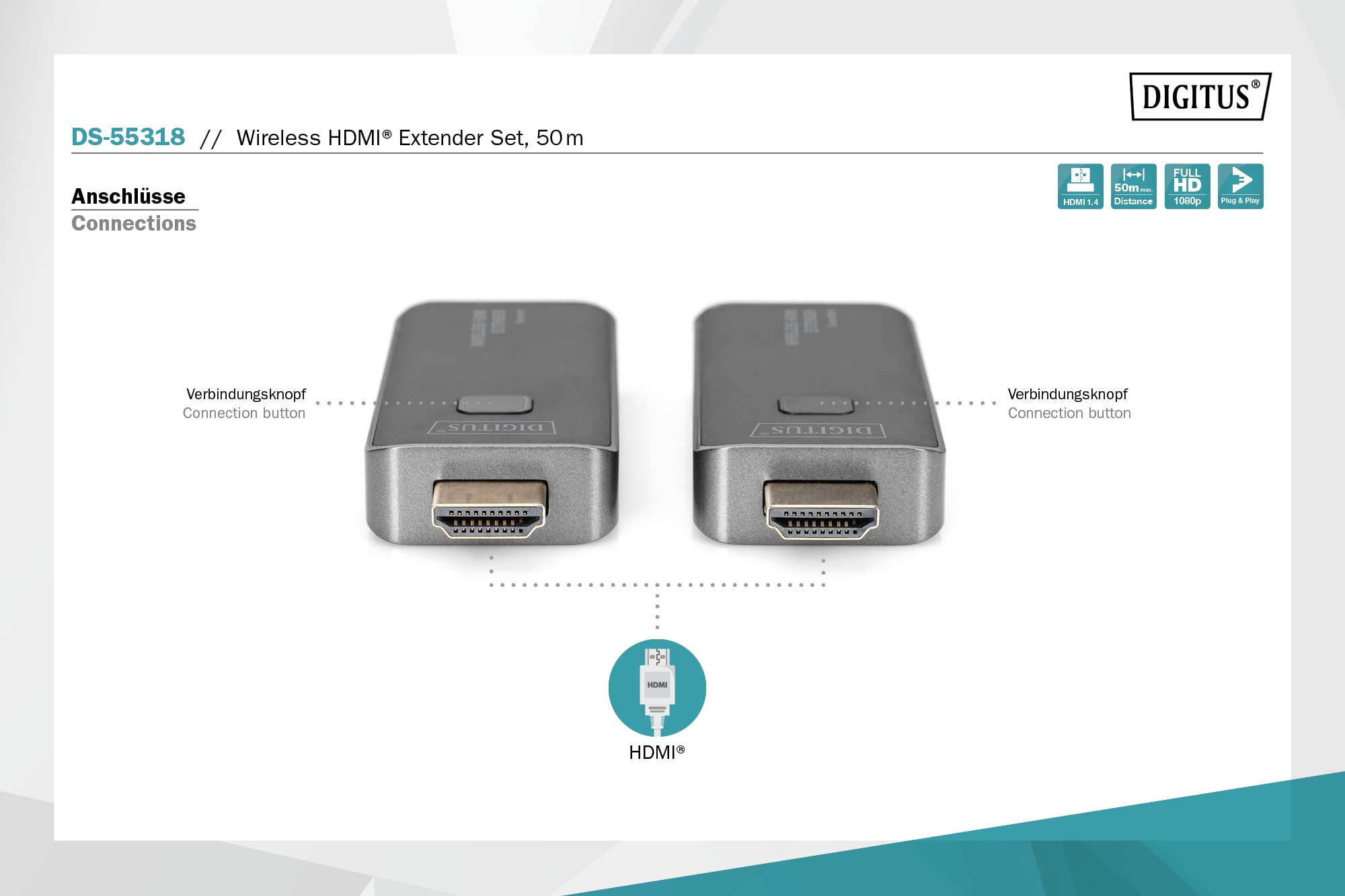 DIGITUS Extender HDMI wireless - portata 50 m - Full-HD 1080p 60 Hz - punto a punto - Plug&Play - nero-argento