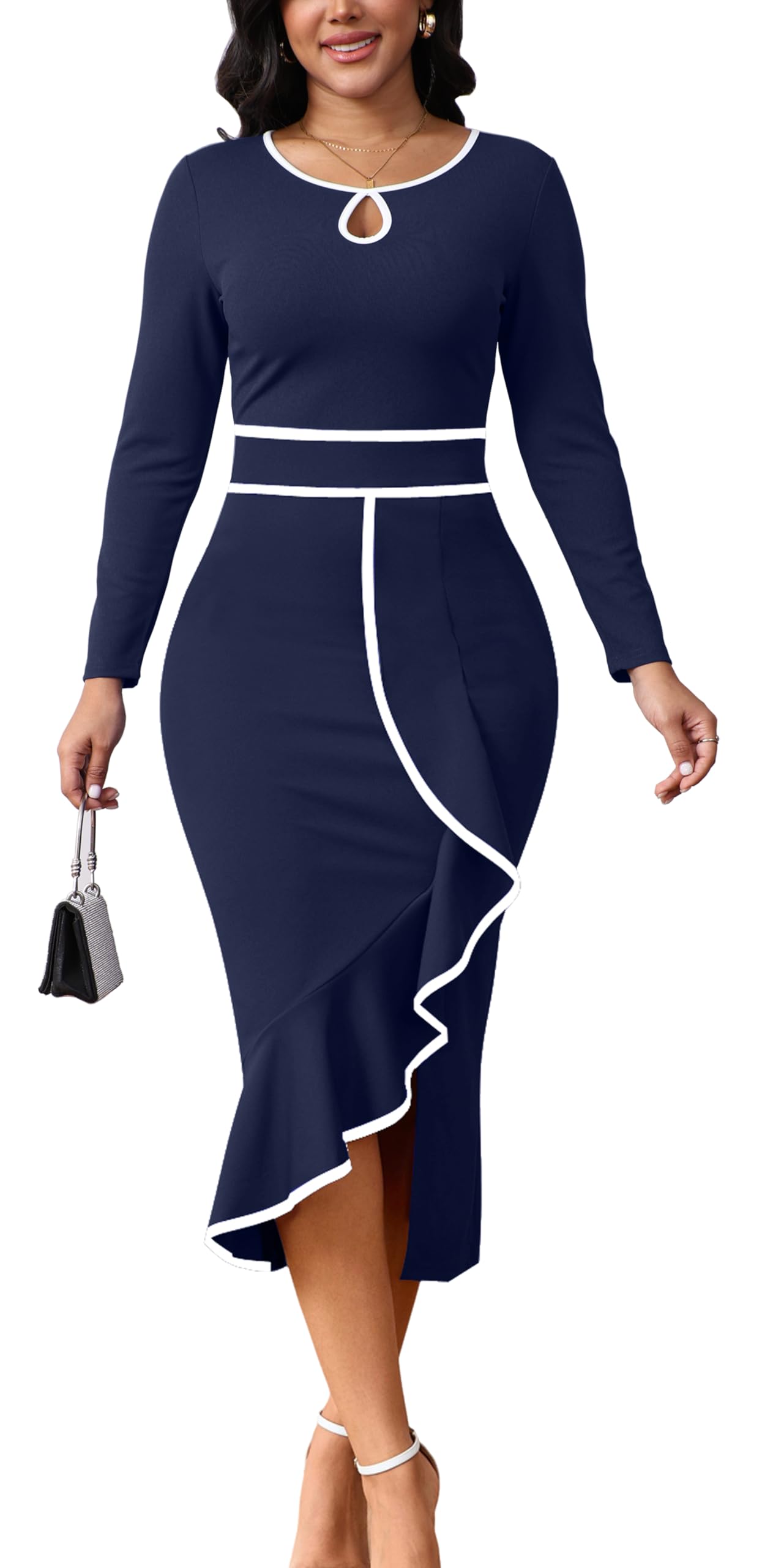 Womens Church Dresses Long Sleeve Work Business Party Dress Bodycon Vintage Wrap Ruffle Midi Pencil Dress