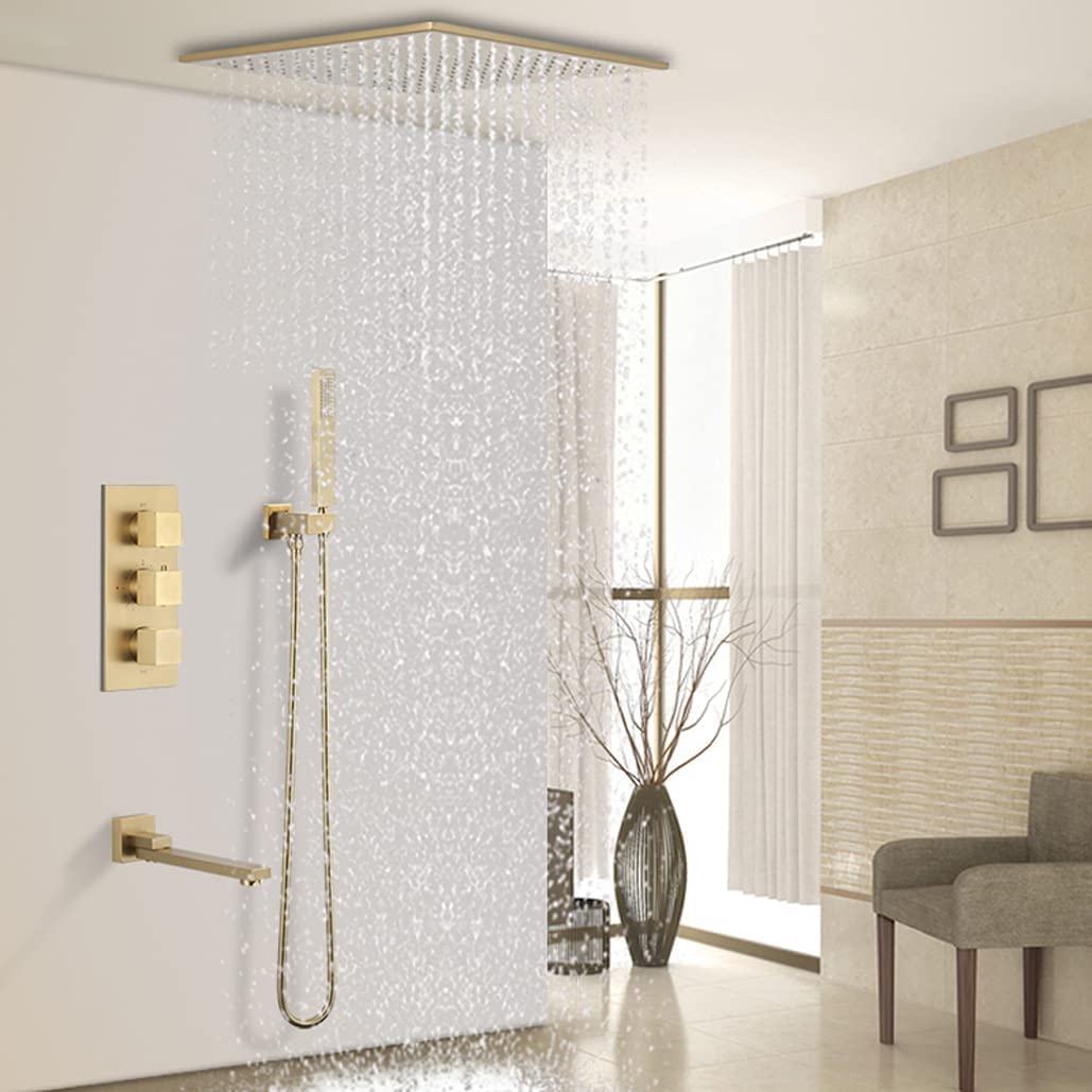 Système de douche thermostatique pour salle de bain moderne effet pluie or brossé