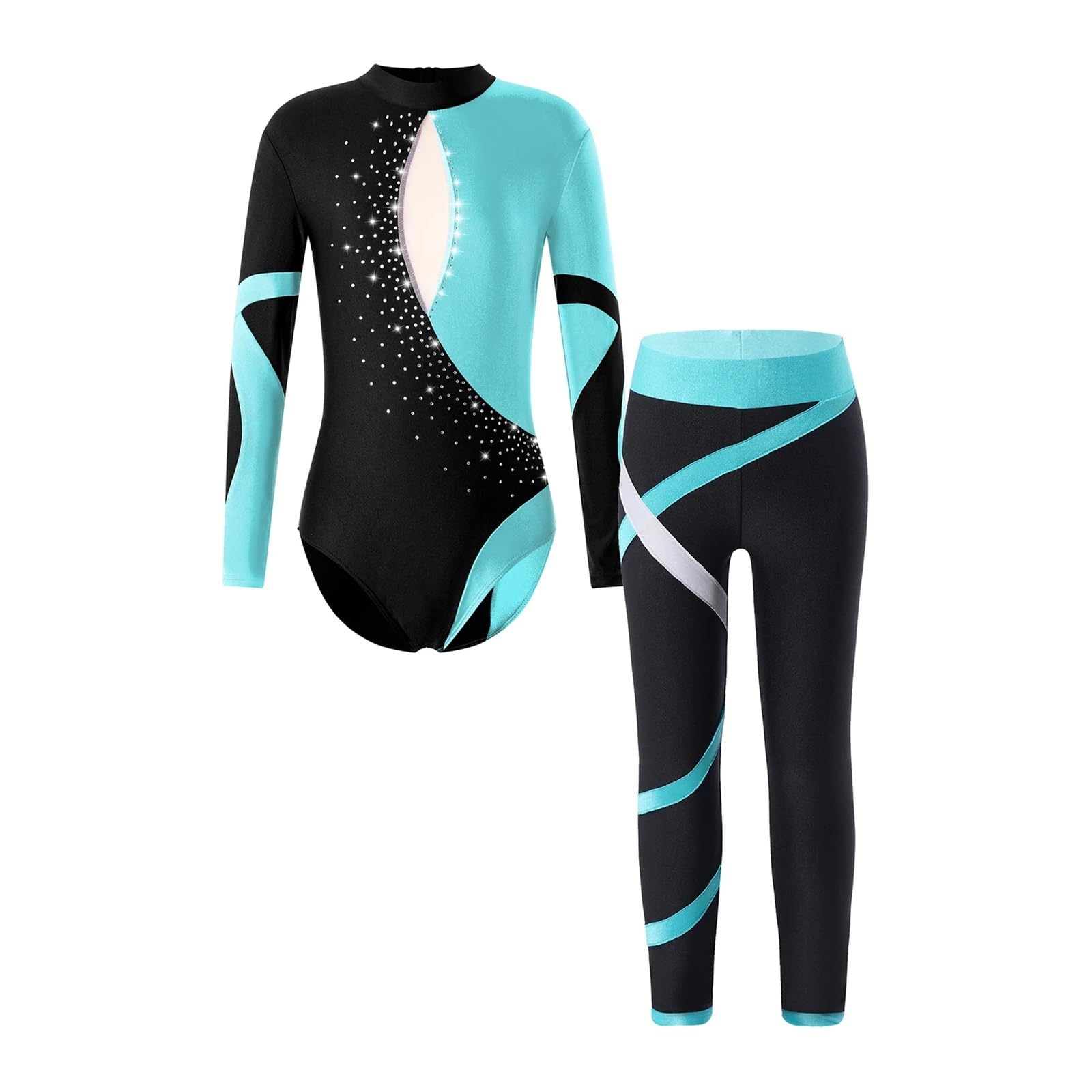 Maillot Gimnasia Mono de Gimnasia for niñas, Manga Larga, Brillantes Diamantes de imitación, Mallas de Ballet y Gimnasia con Leggings for Yoga, Patinaje Maillot De Danza Gimnasia(14)
