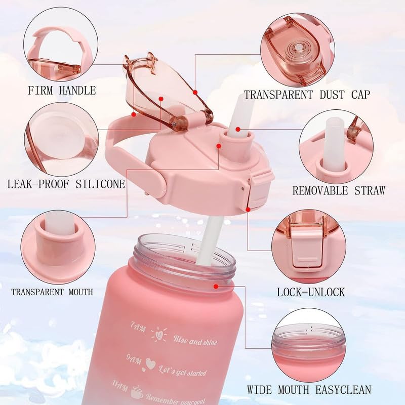 Image of MOTIVATIONAL 3-Pcs (2000ML-900ML-300ML) Water Bottle with Straw & Time Marker | Leak-Proof Sports Bottle for Gym, Office, School | Break-Resistant Silicone Bottle for Daily Hydration (Pink)